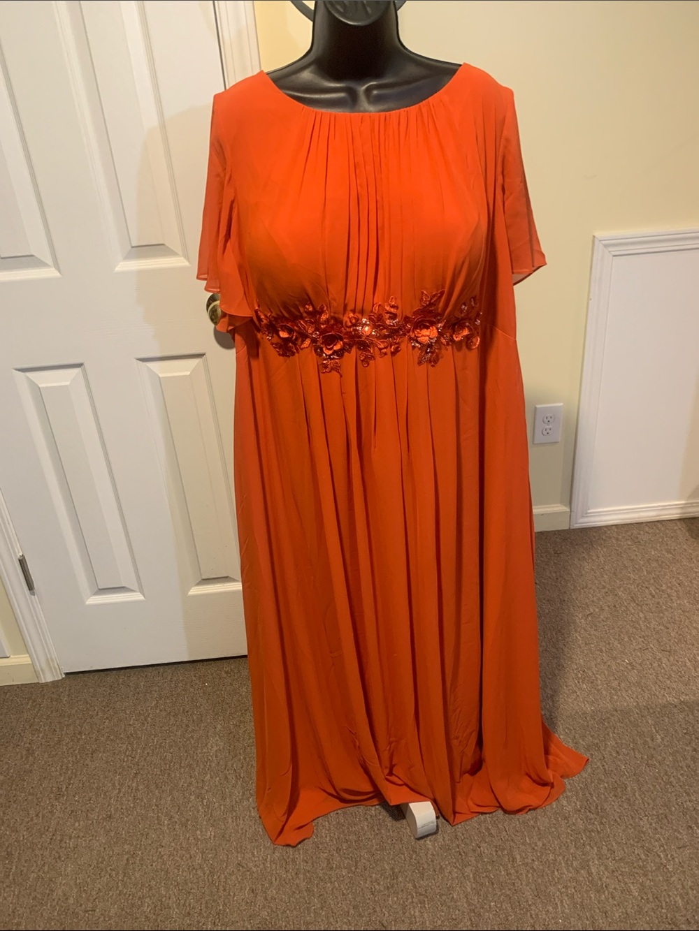 Elegant Orange Embroidered Waist Maxi Dress - Women